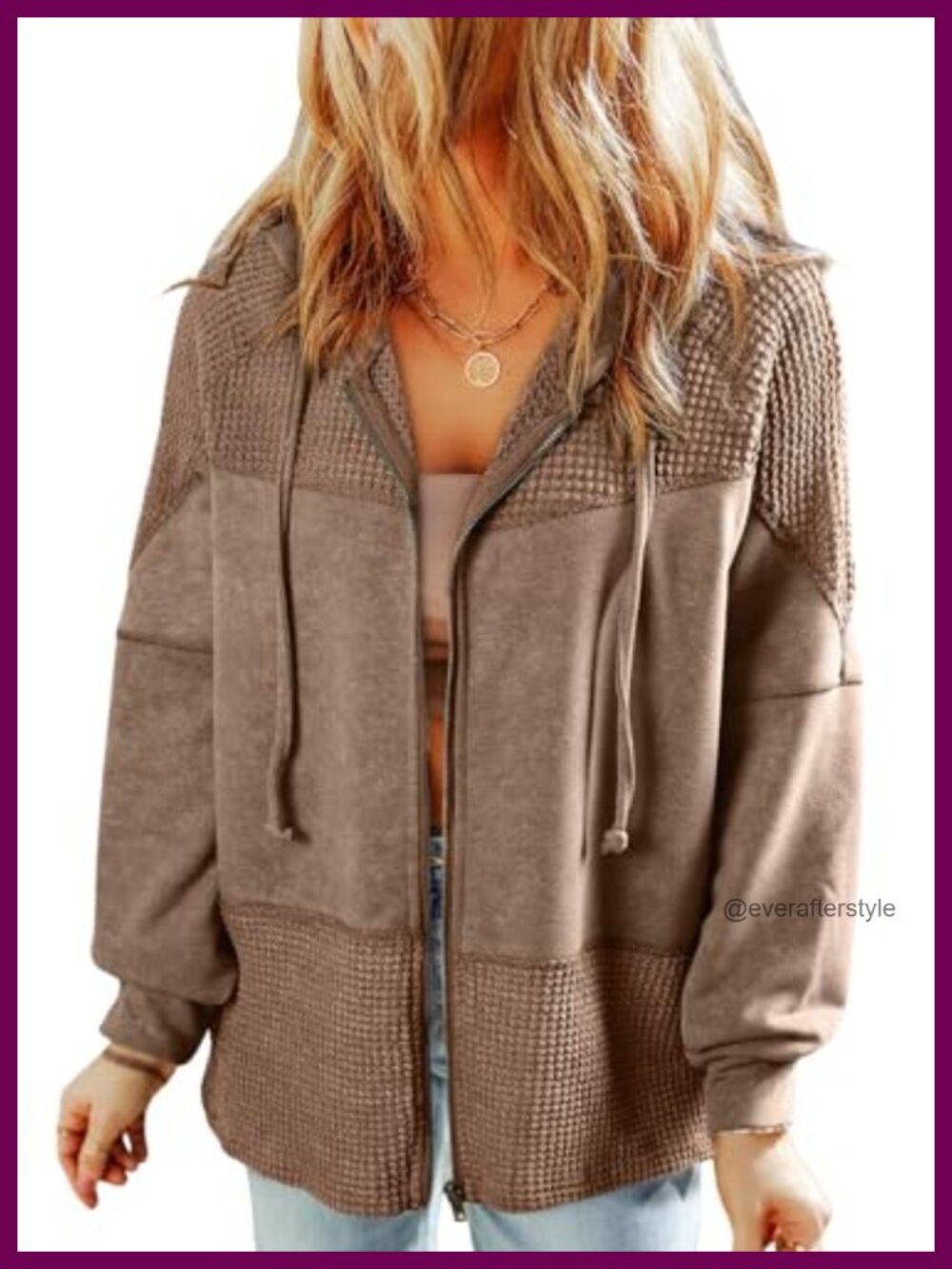 Waffle Knit Zip Up Hoodie Oversized Drawstring Jacket